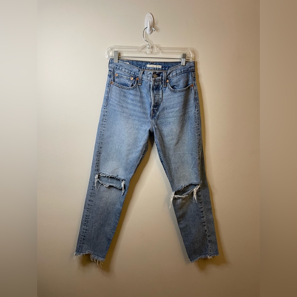 Levi's Premium Wedgie Icon Fit in Shut Up Wash Revolve Raw Hem Distressed Knees